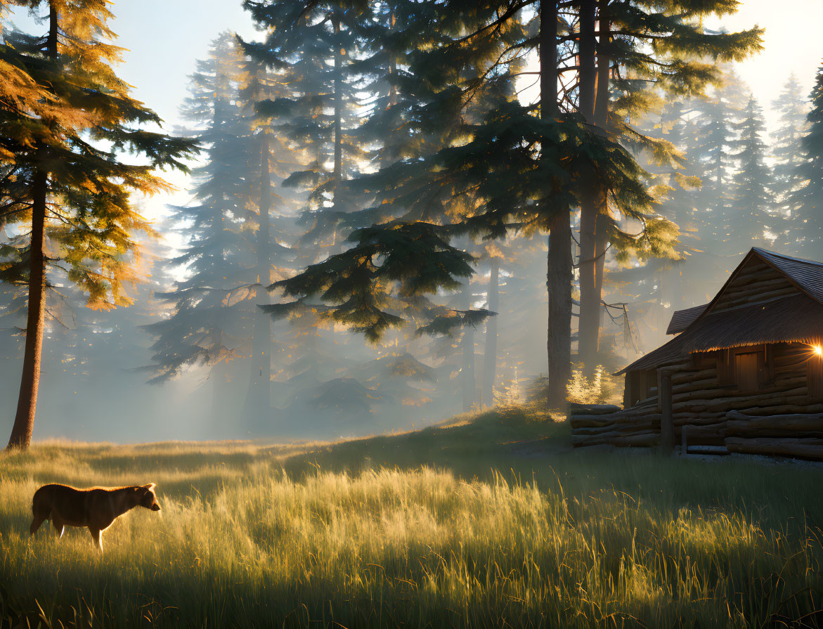 Tranquil sunrise woodland scene with cow near log cabin