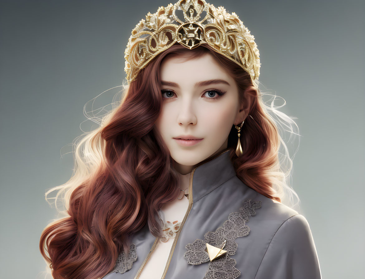 Digital portrait: Woman with wavy hair, crown, gray outfit, gold details.