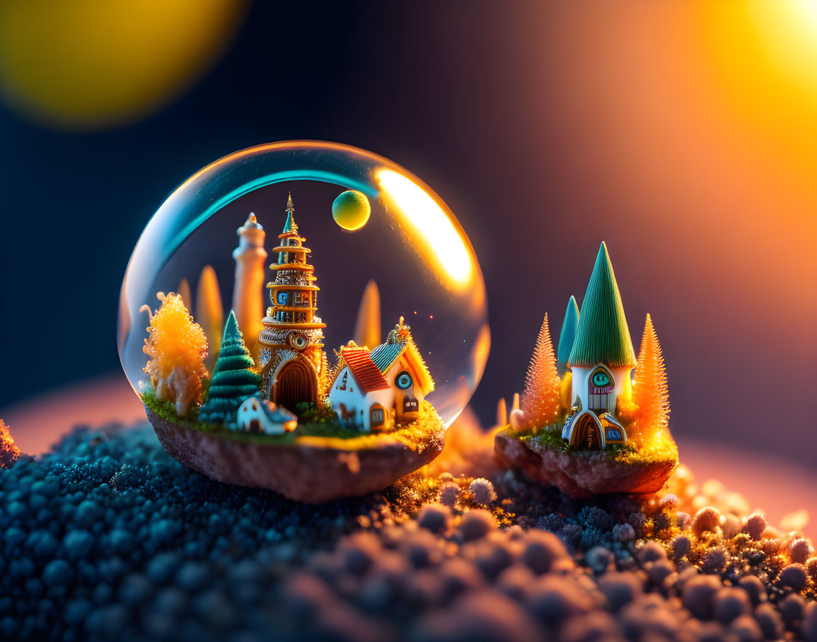 Miniature castle in transparent sphere with tiny houses on islands