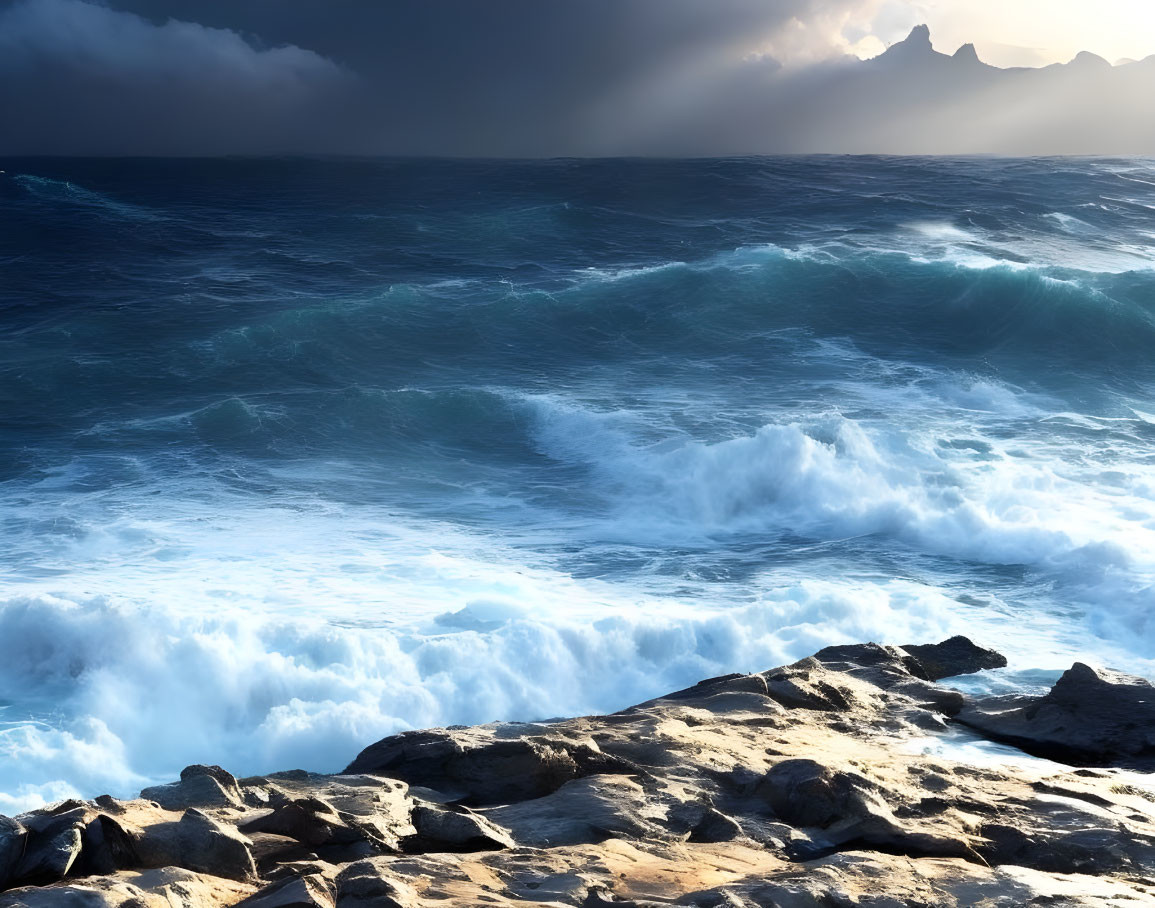 Dramatic rough sea with crashing waves on rocky shore under sunbeams.