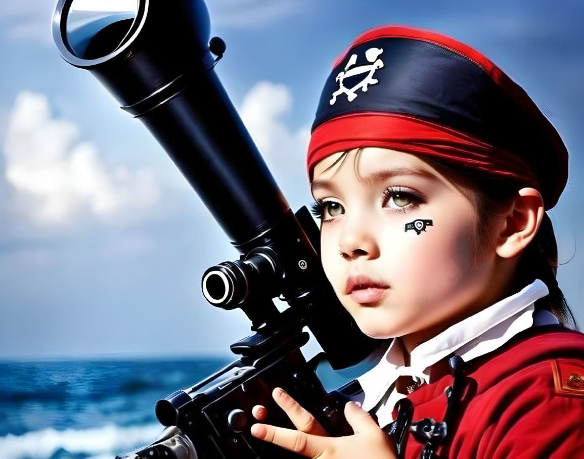 Child in pirate costume with hat and eye patch looking through telescope by the sea