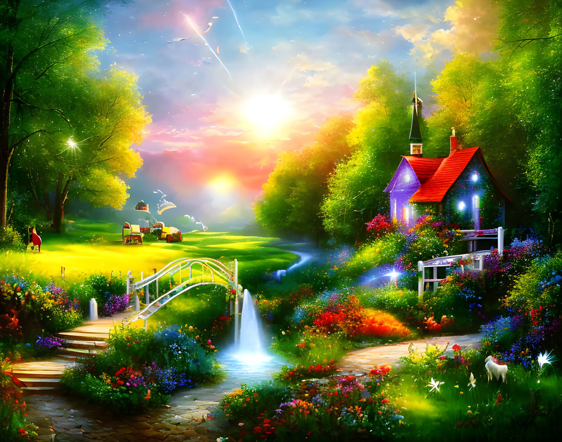 Colorful Landscape with Cottage, Stream, Bridge, and Flowers at Sunset