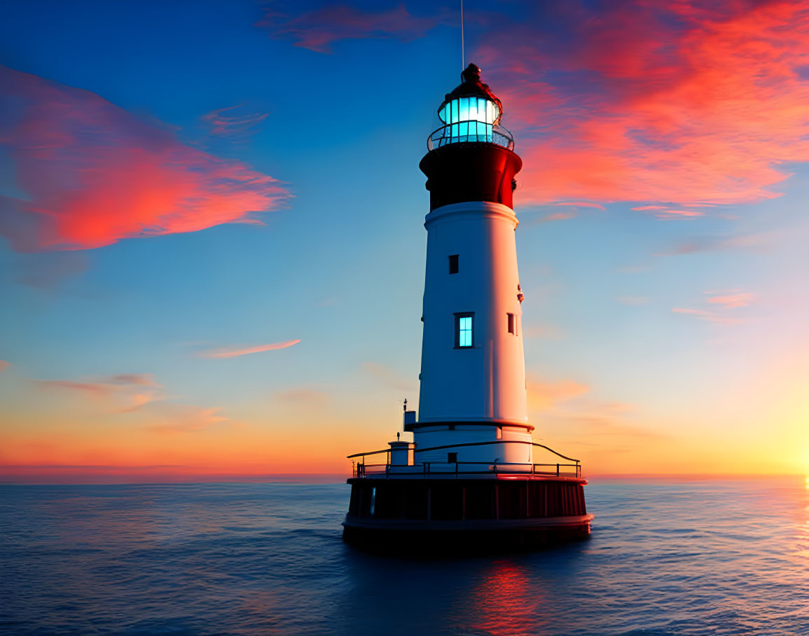 Lighthouse on calm waters under vibrant sunset sky