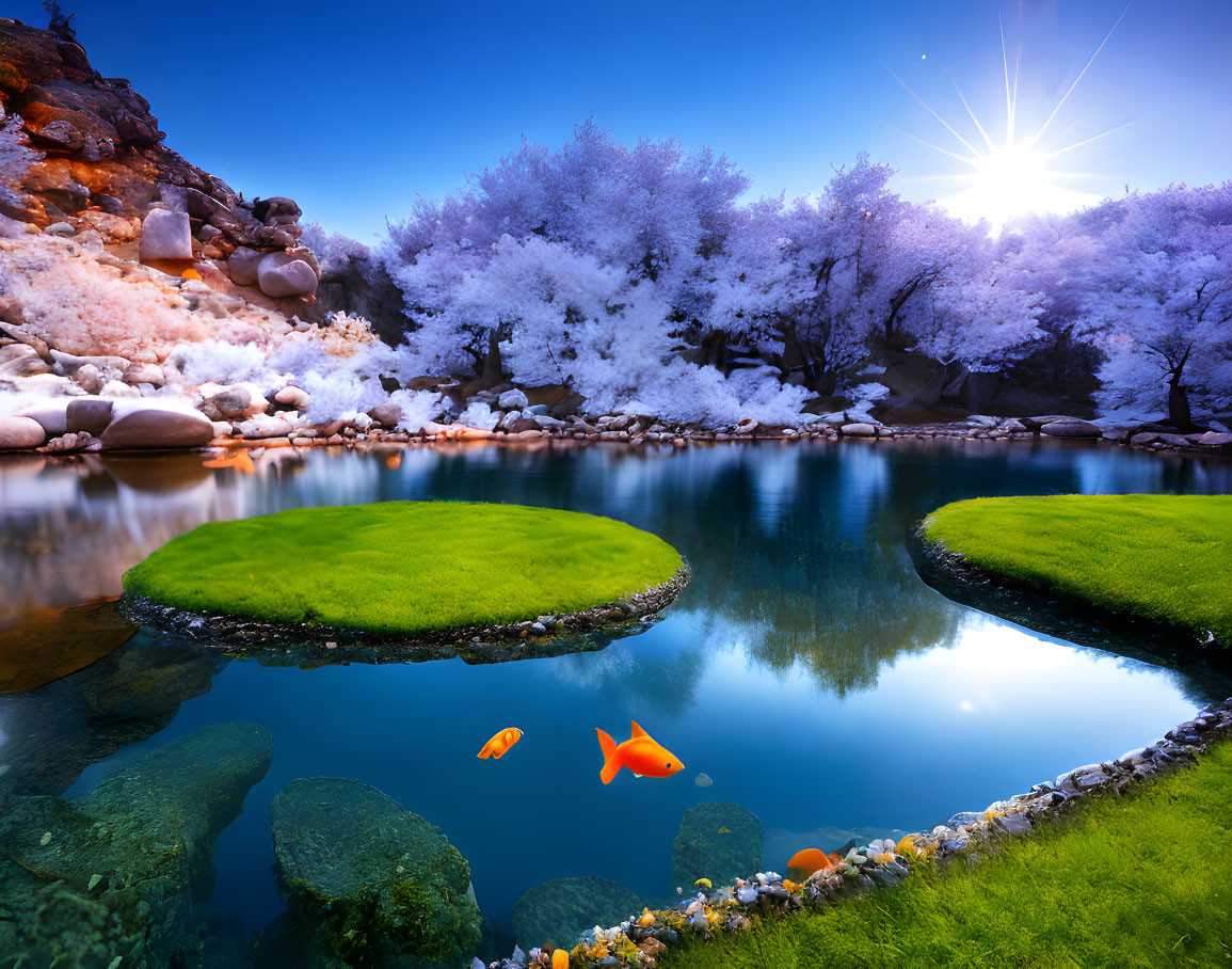 Tranquil pond scene with koi fish, frost-covered trees, rocks, and sunny sky