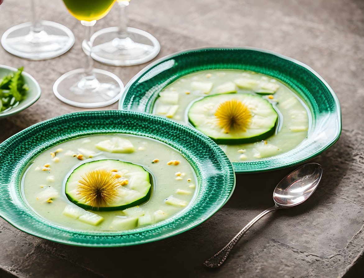 Creamy Green Soup with Cucumber Slices on Rustic Table