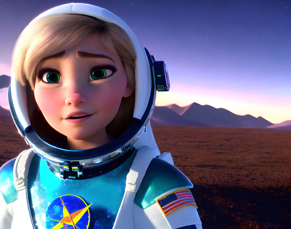 Female astronaut in stars and stripes suit smiles in twilight scene