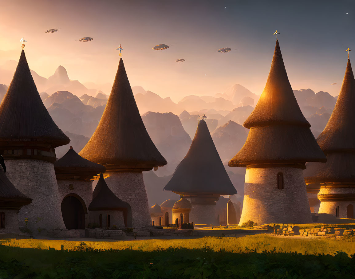 Mystical village at sunset with stone towers, lush fields, and flying ships.