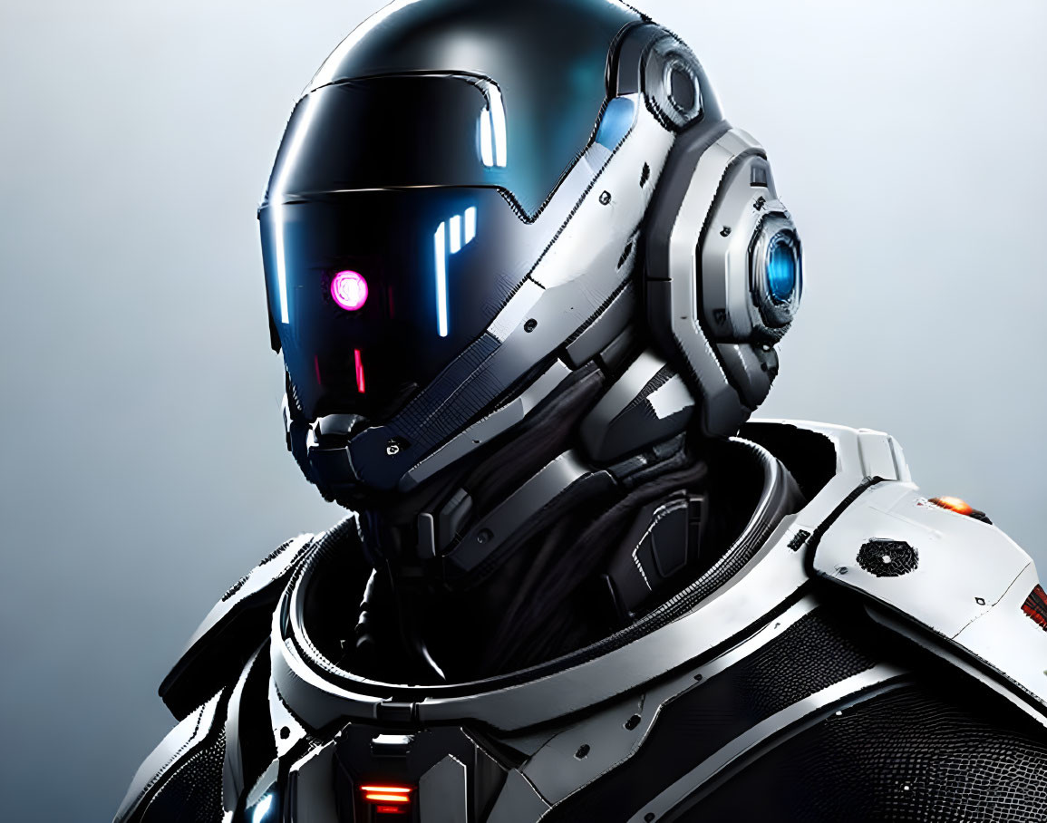 Futuristic robot with blue-black helmet and glowing red eye in mechanical armor