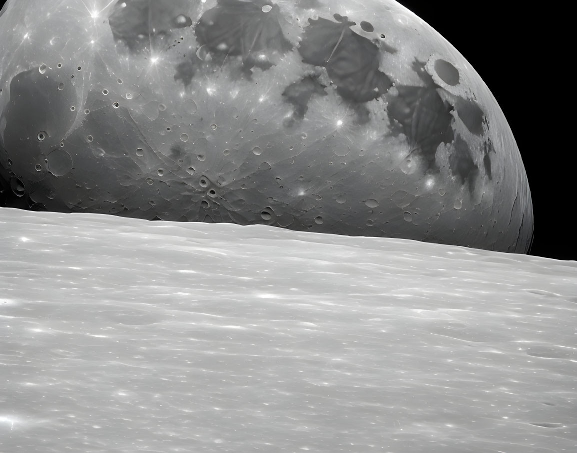 Detailed View: Moon's Cratered Surface and Horizon Landscape