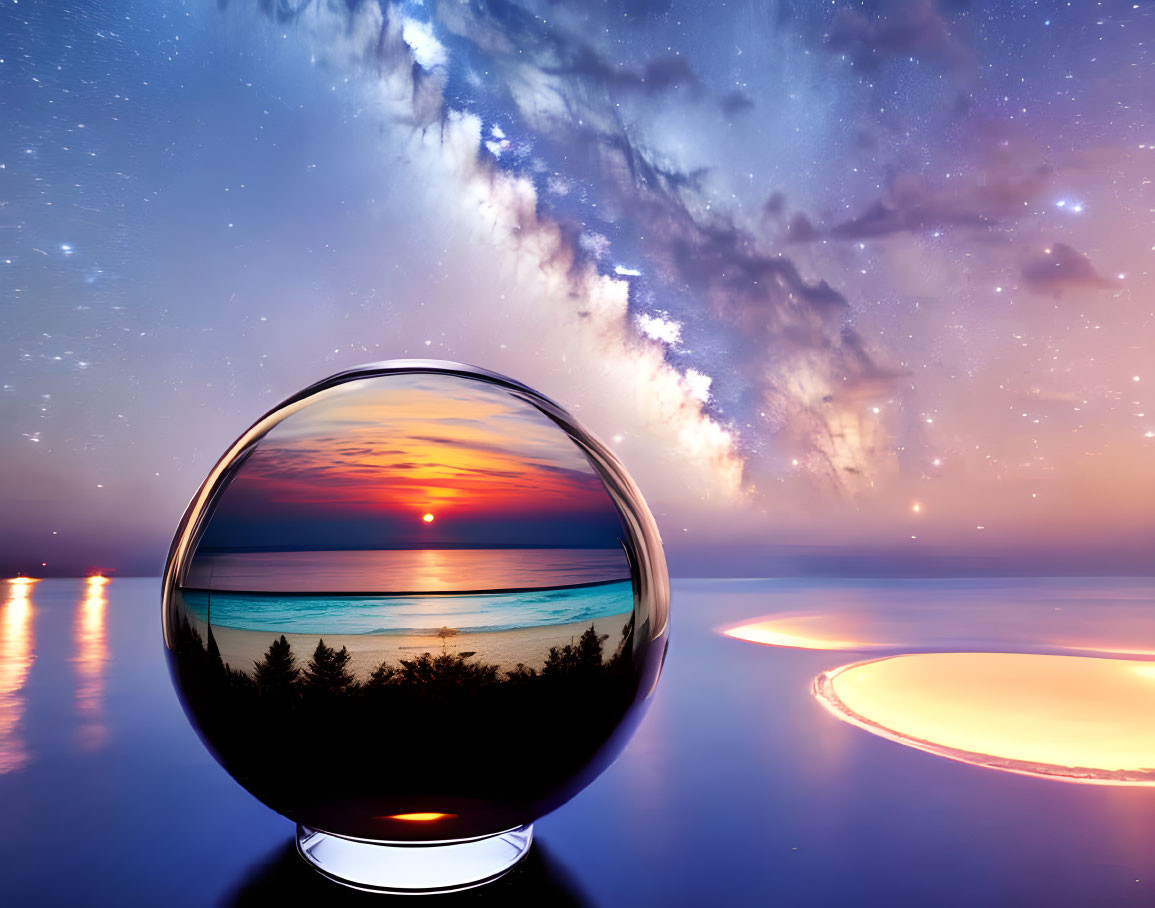 Crystal ball sunset reflection over ocean with silhouetted foliage and twilight sky.