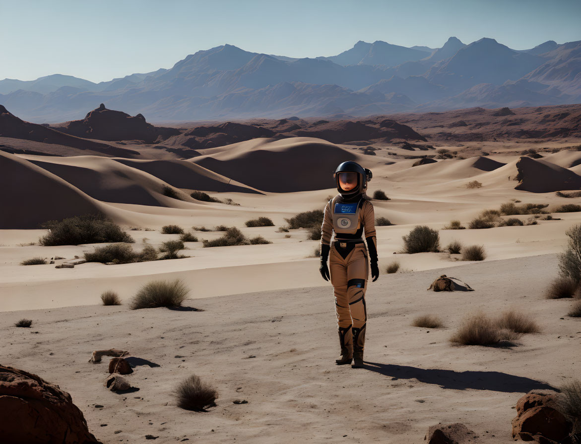 Astronaut in space suit in desert landscape with sand dunes and mountains