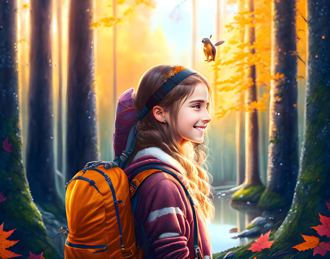 Young girl with backpack in sunlit autumn forest with flying bird