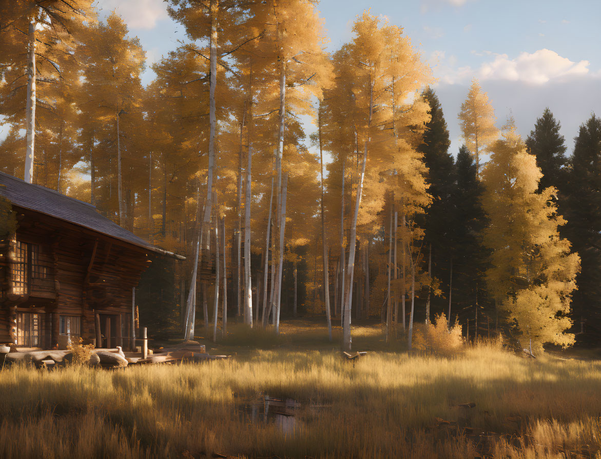 Tranquil autumn forest with golden trees and rustic cabin