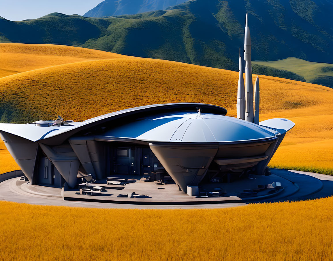 Futuristic metallic building and rocket in golden hills