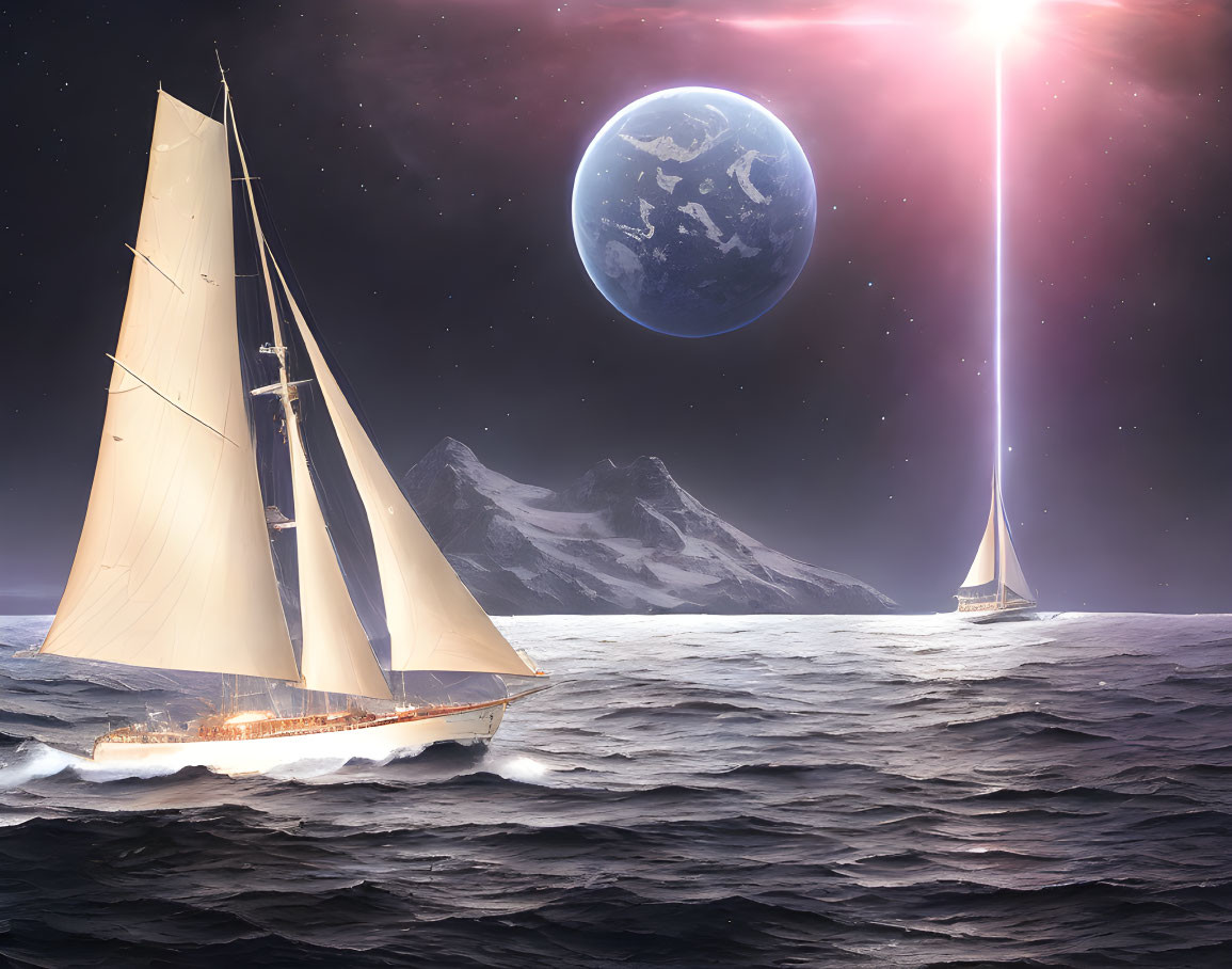 Sailboat navigating turbulent seas at night with oversized full moon, distant beam of light, mountains,