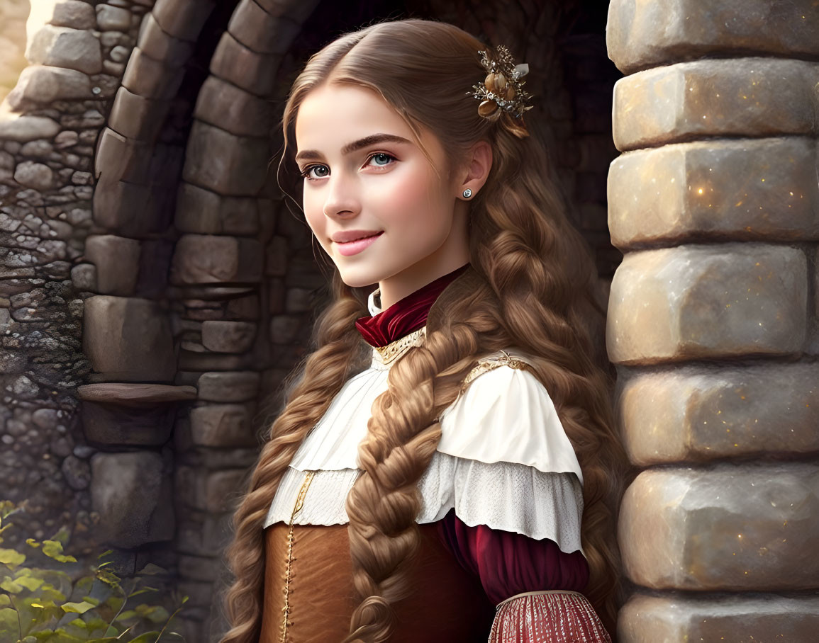 Digital artwork: Young woman with braided hair in medieval attire by stone archway