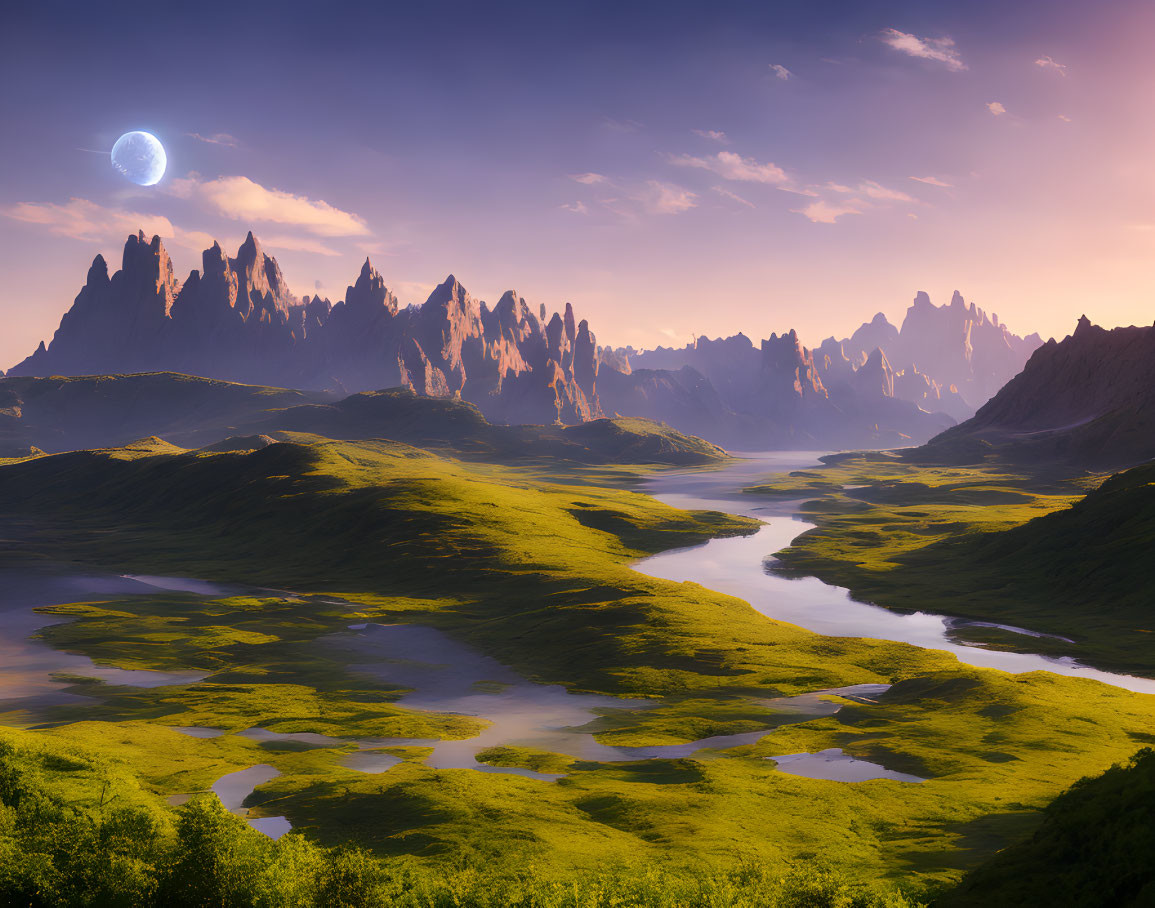 Tranquil dusk landscape with river, meadows, mountains, and setting moon