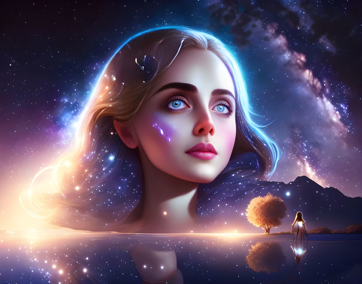 Digital Artwork: Woman with Glowing Blue Eyes in Surreal Night Sky