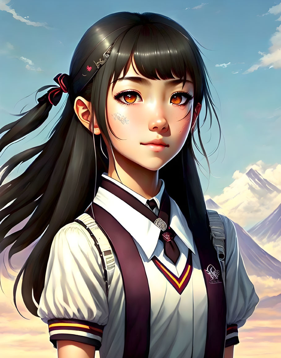 Anime-style illustration of girl in school uniform with large eyes against backdrop of clouds and mountain.