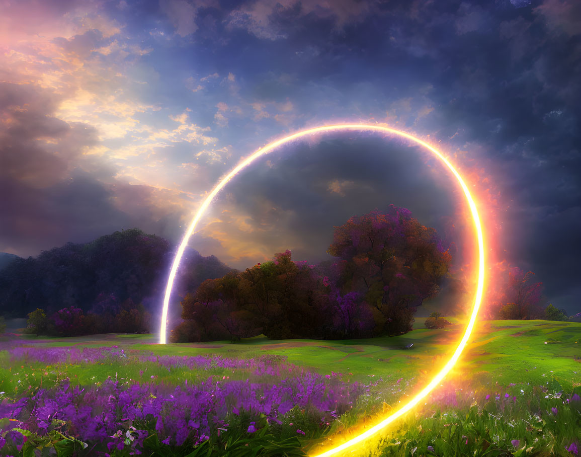 Colorful Rainbow Arch Over Purple Flower Field in Sunset Landscape