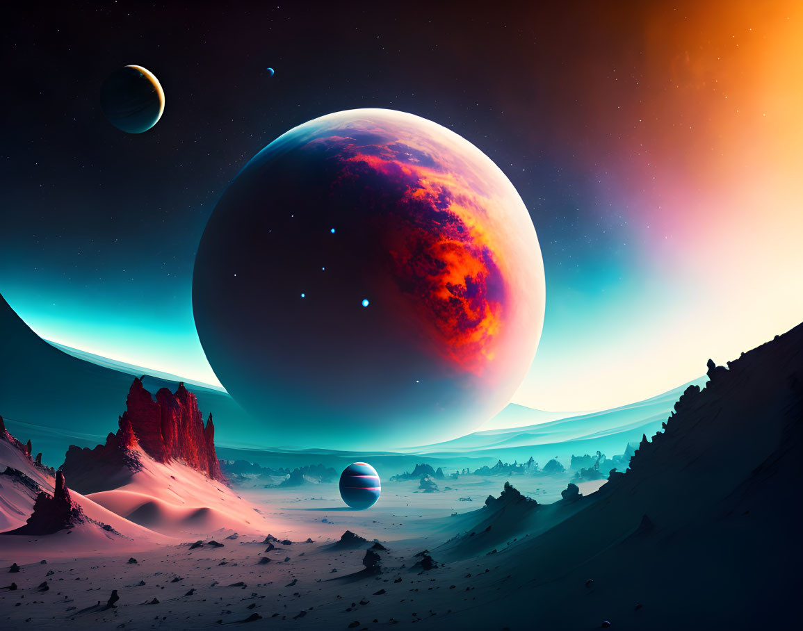 Colorful sci-fi landscape with celestial bodies, nebulae, and rocky terrain at twilight