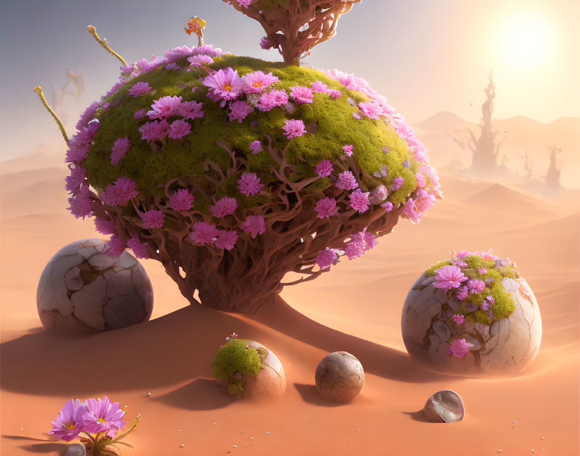 Vibrant desert scene with tree-like structure and spherical rocks covered in flowers