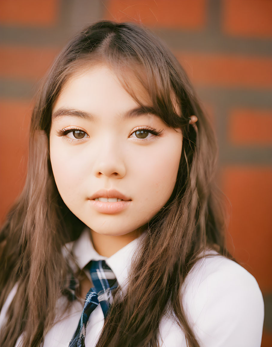 Young woman with wavy hair in tie and blazer against brick wall