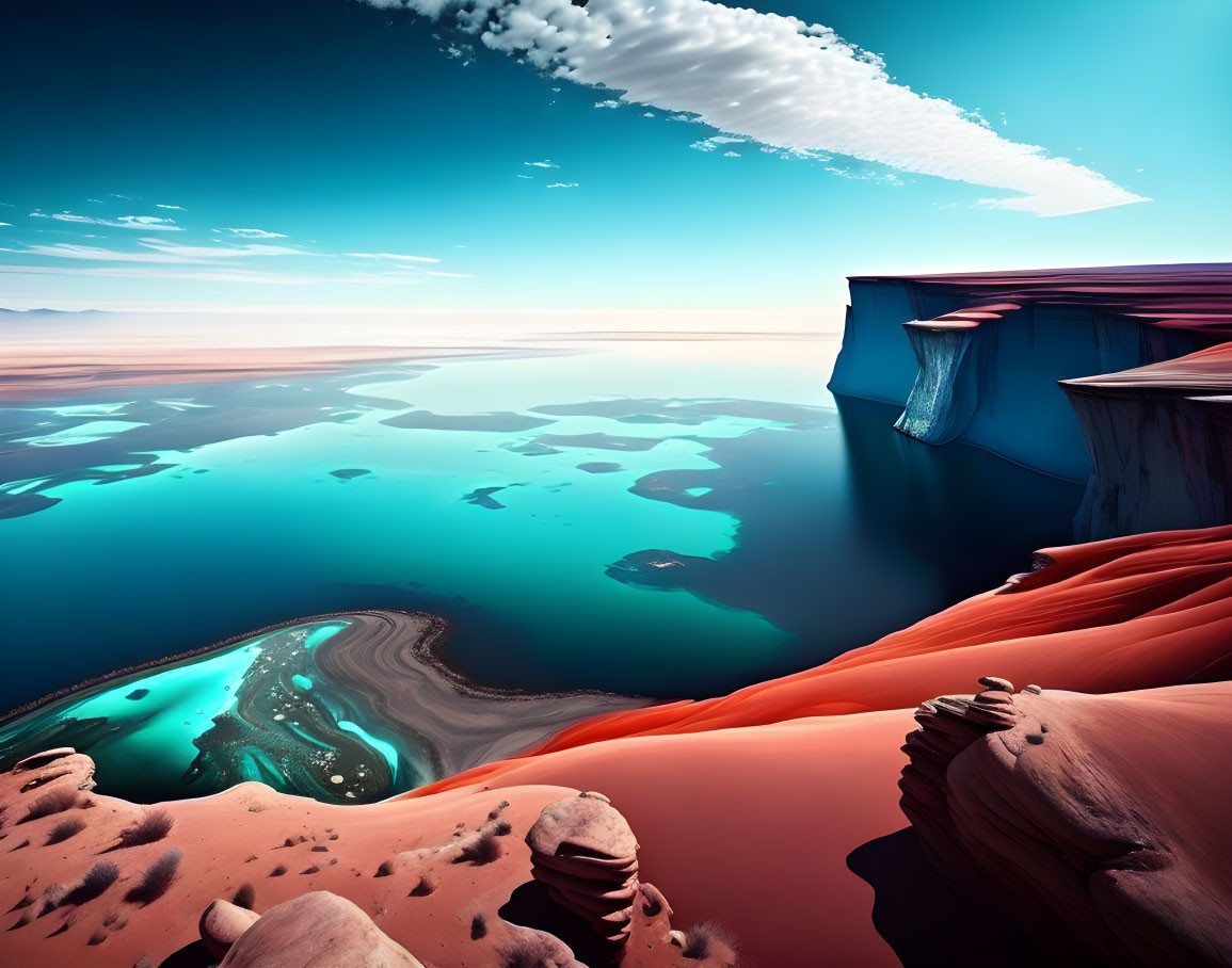 Surreal red sandstone formations by blue ocean and islands under clear sky