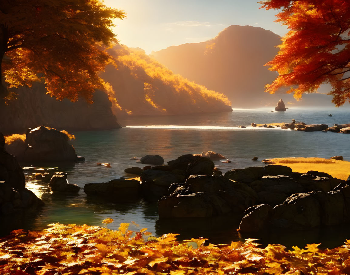 Golden foliage and tranquil water by rocky lakeside with sunlit mountain peaks