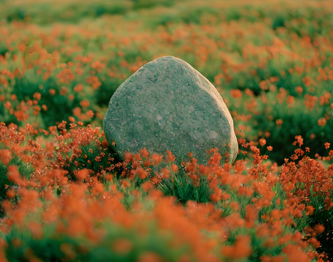 Large stone surrounded by orange flowers in soft focus greenery