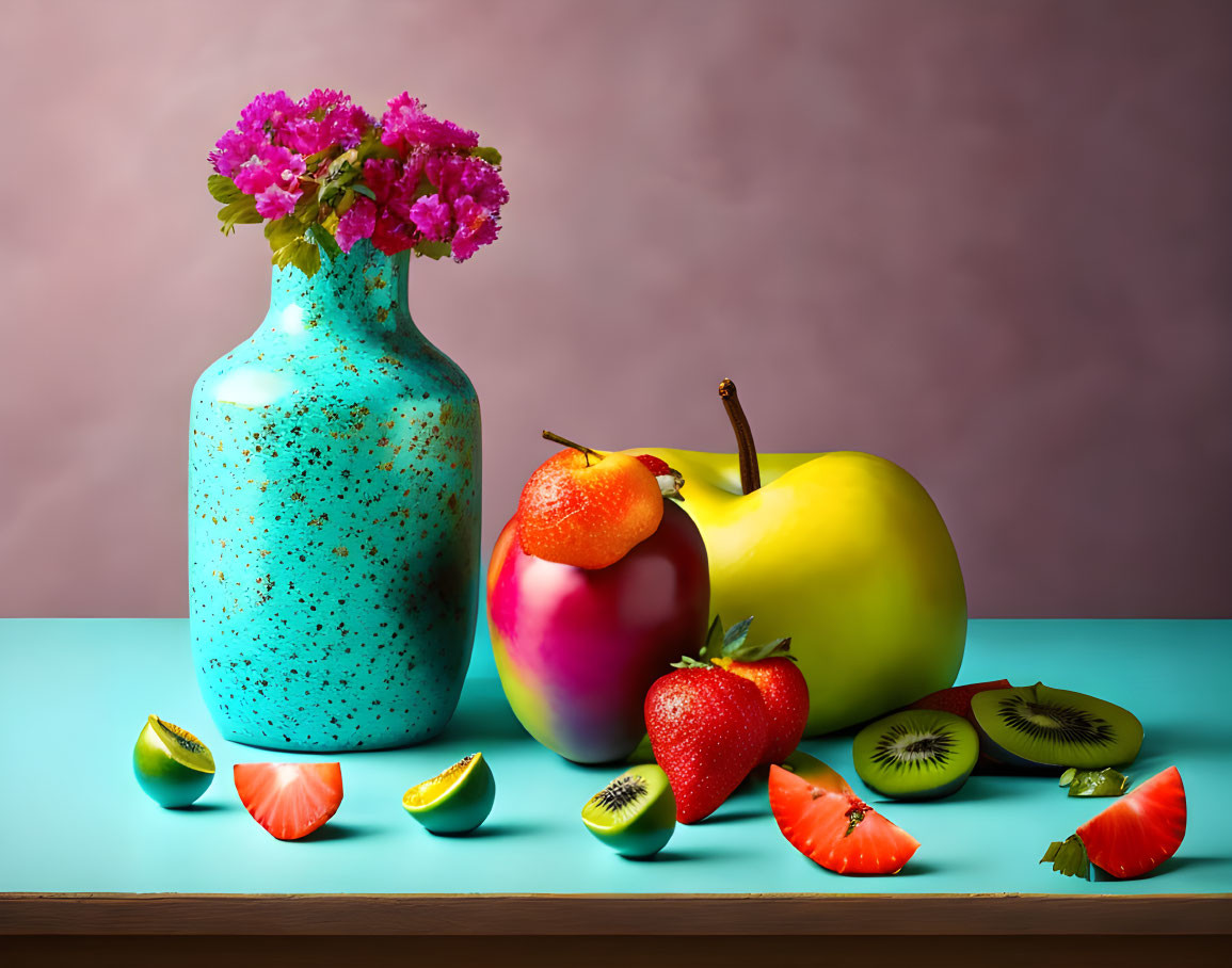 Colorful still life with blue vase, pink flowers, fruits on turquoise surface