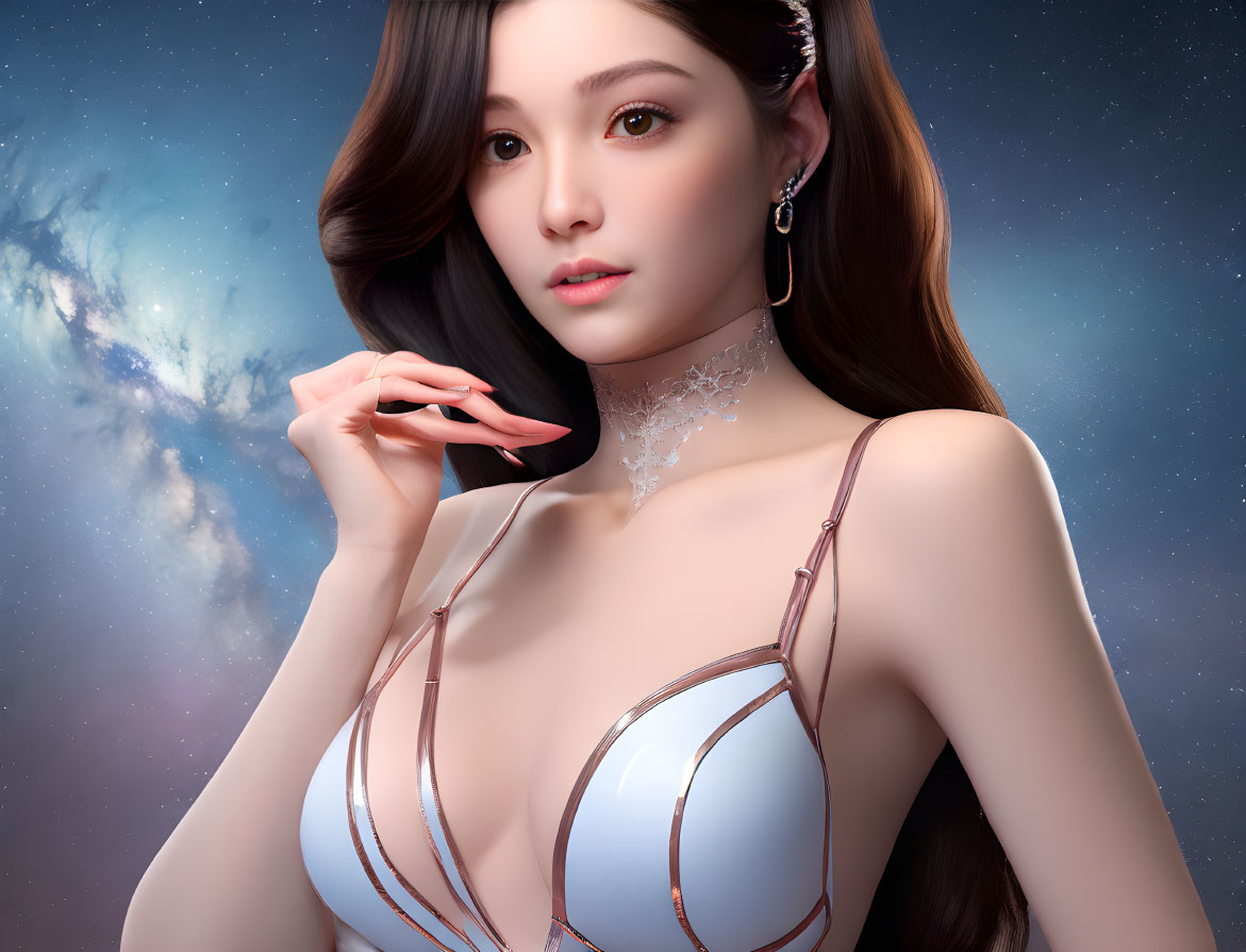 Digital Art Portrait: Woman with Long Hair, Elegant Earrings, White Dress in Cosmic Setting