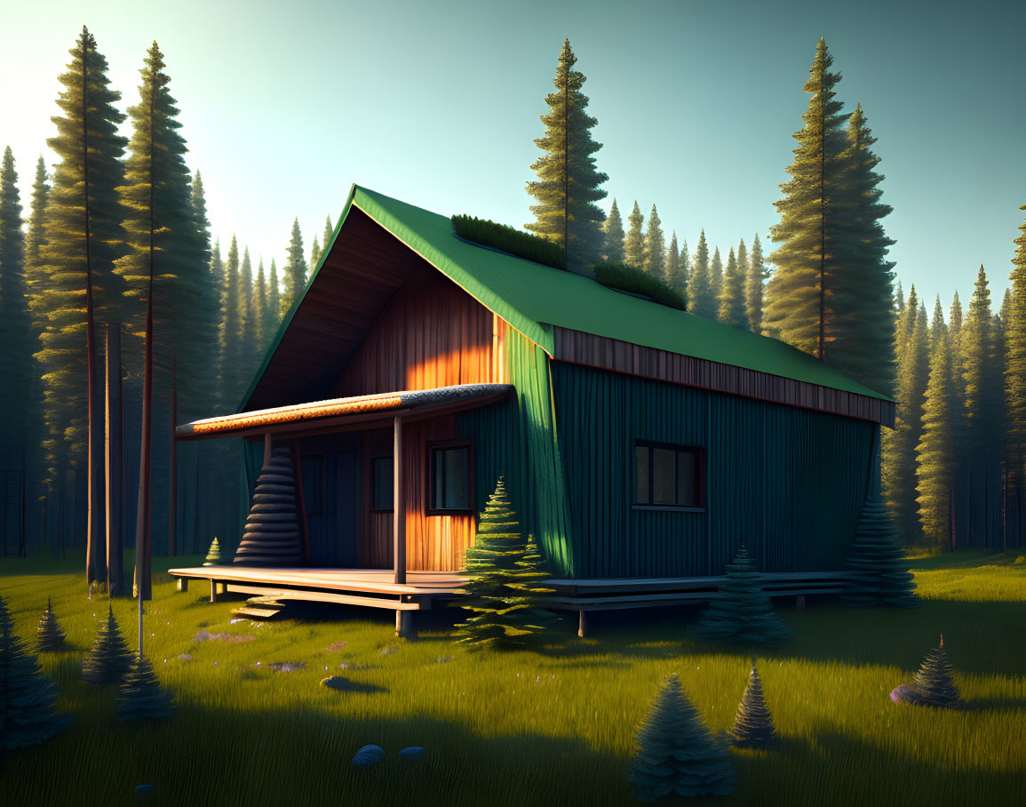 Tranquil digital art: Cabin in pine forest clearing