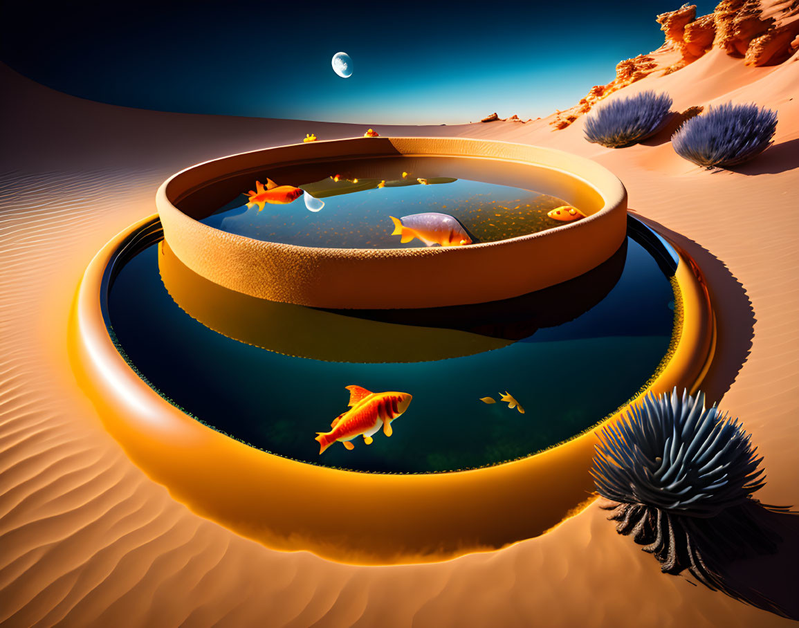 Large Goldfish Bowl Embedded in Desert Sands with Oversized Fish Swimming at Twilight