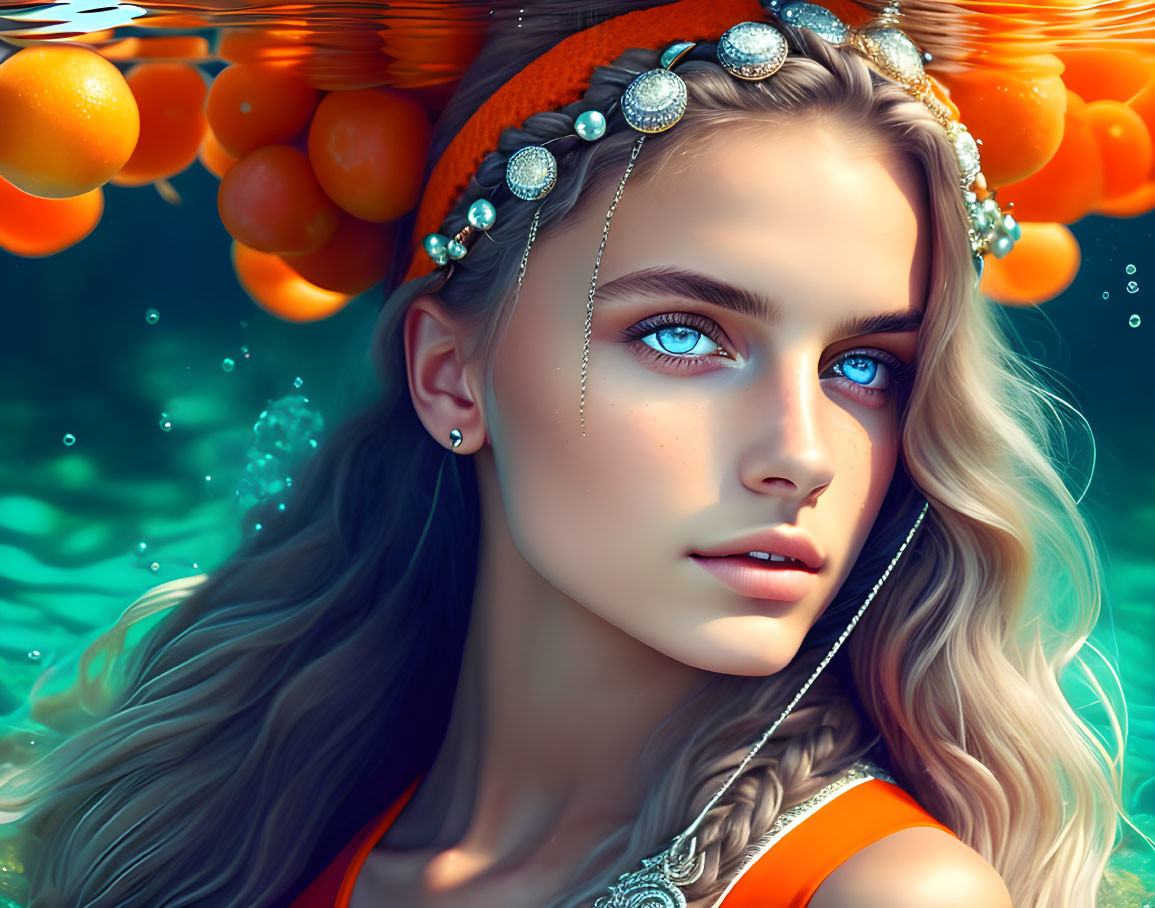 Young woman with blue eyes and orange headband in digital art against aqua backdrop.