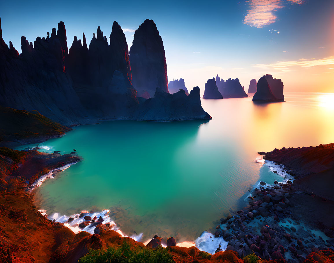 Tranquil bay at sunset with towering rock formations