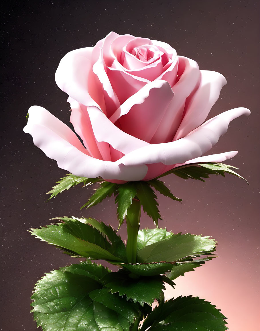 Digital artwork: Pink rose bloom held in hand on starry background