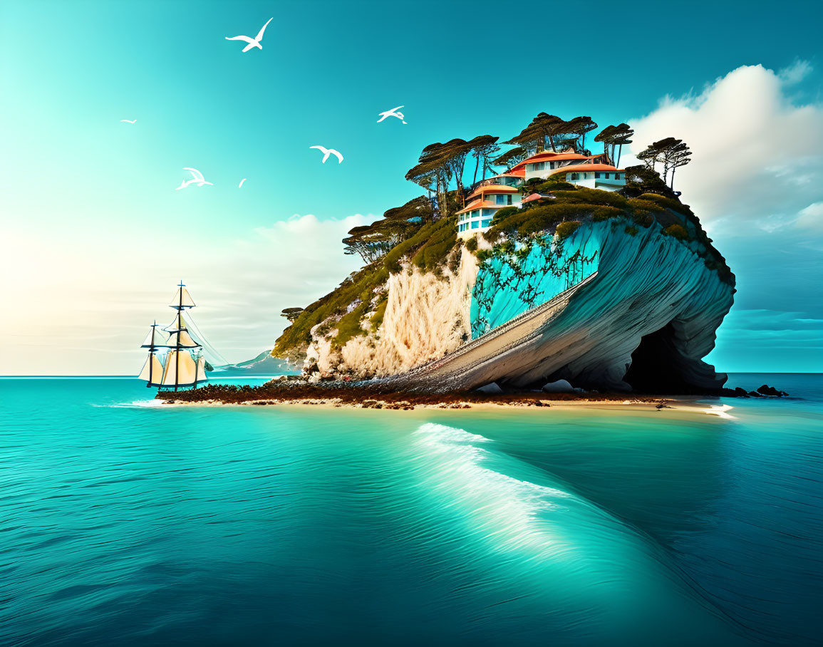 Surreal seascape: tall ship near lush island cliff