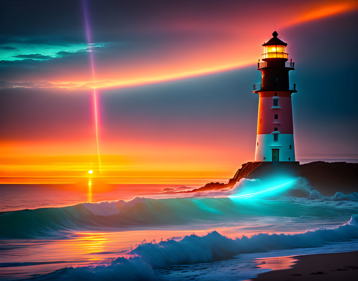 Scenic ocean sunset with striped lighthouse and glowing waves