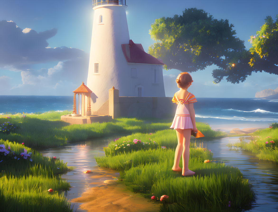 Girl admires lighthouse near stream with lush greenery