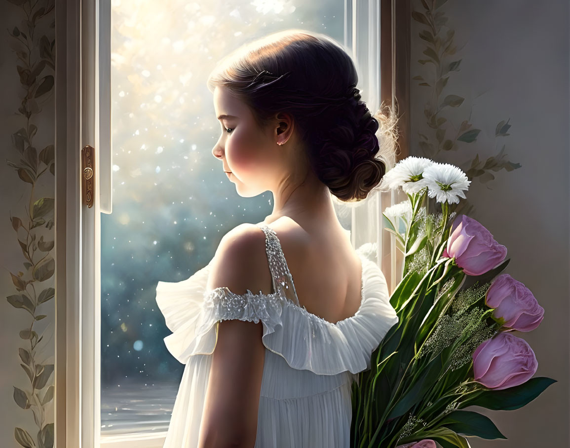 Woman in white dress with lace trim holding flowers gazes at starry sky