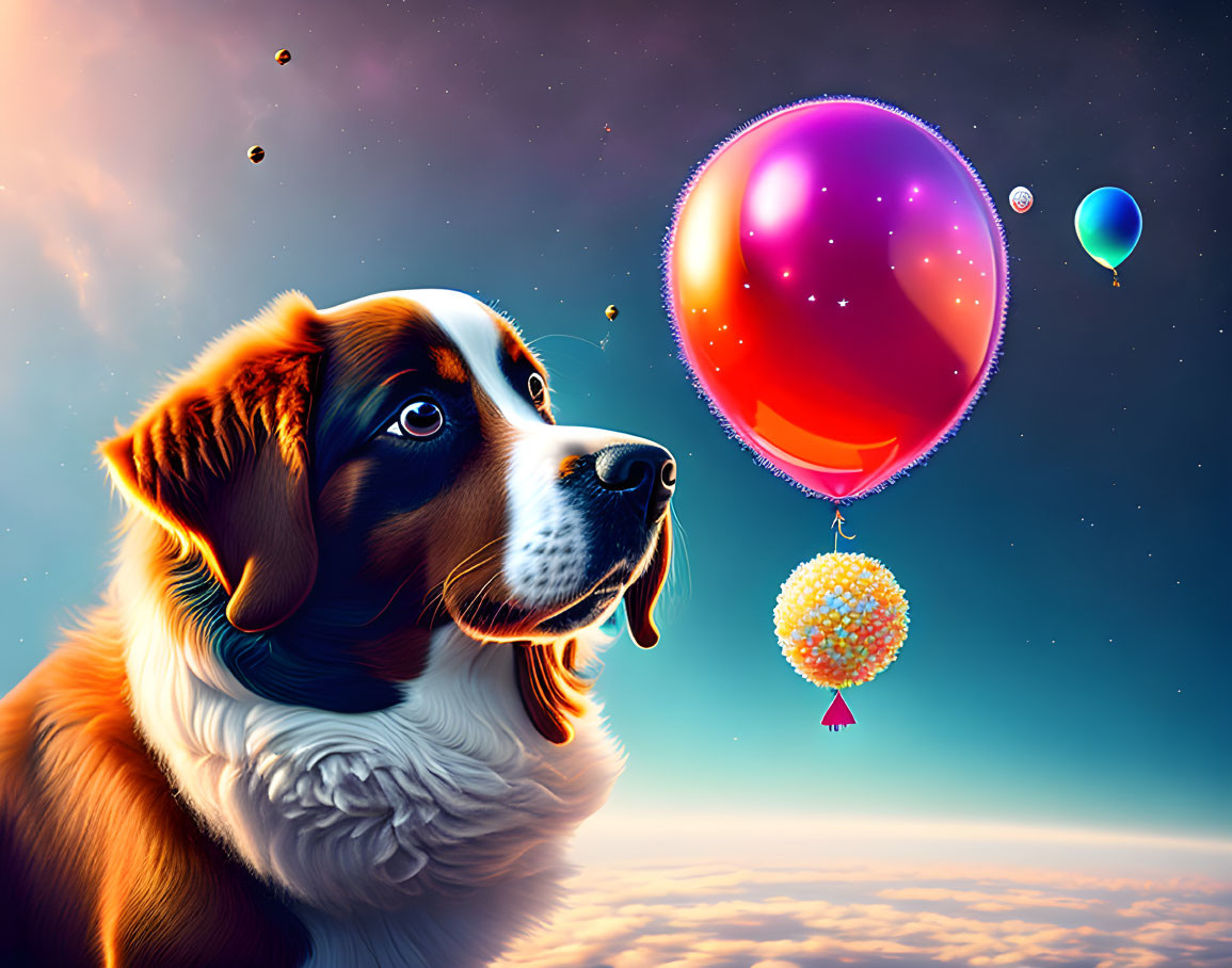 Colorful dog illustration with balloons in vibrant sunset sky