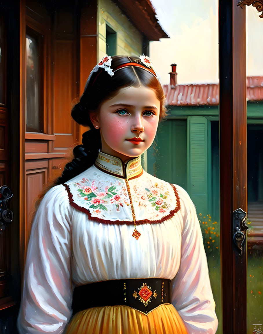 Young girl with braided hair in traditional attire standing by door