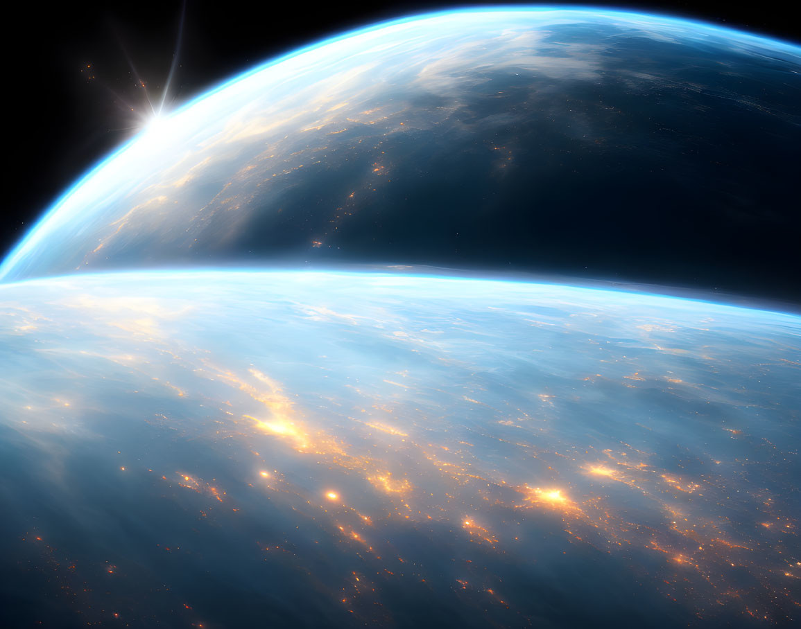 Blue Planet with Curved Horizon, City Lights, and Bright Sun in Starry Space