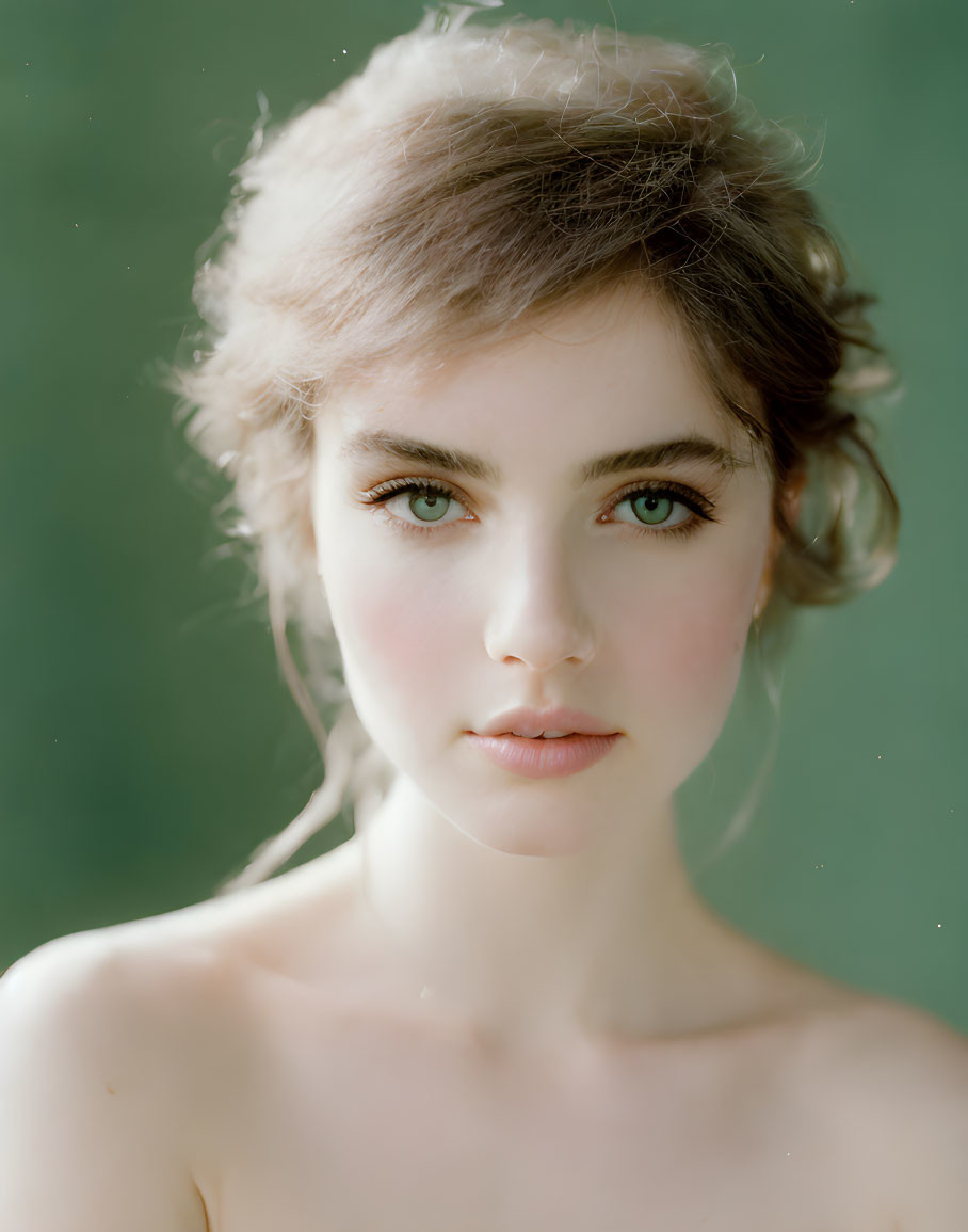 Portrait of a young woman with large green eyes and dark tousled hair.