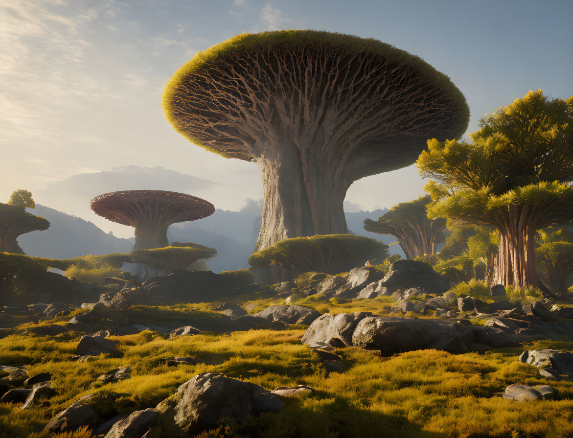 Fantasy landscape with oversized mushroom-like trees and warm sunlight.