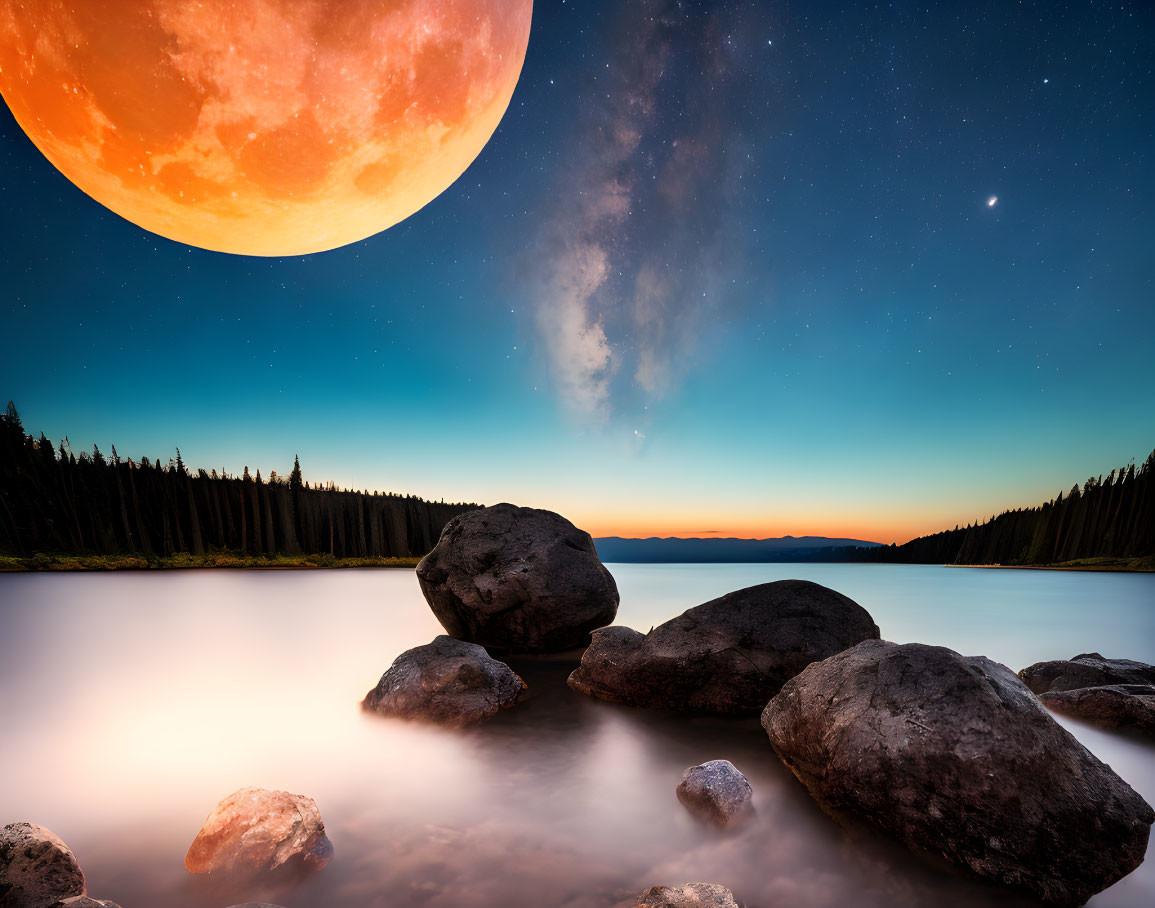 Serene night landscape with vivid moon over lake and starry sky