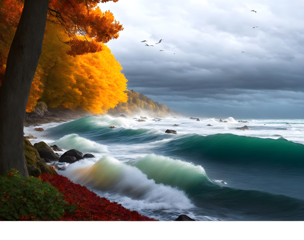 Colorful autumn trees near stormy ocean with birds under cloudy sun