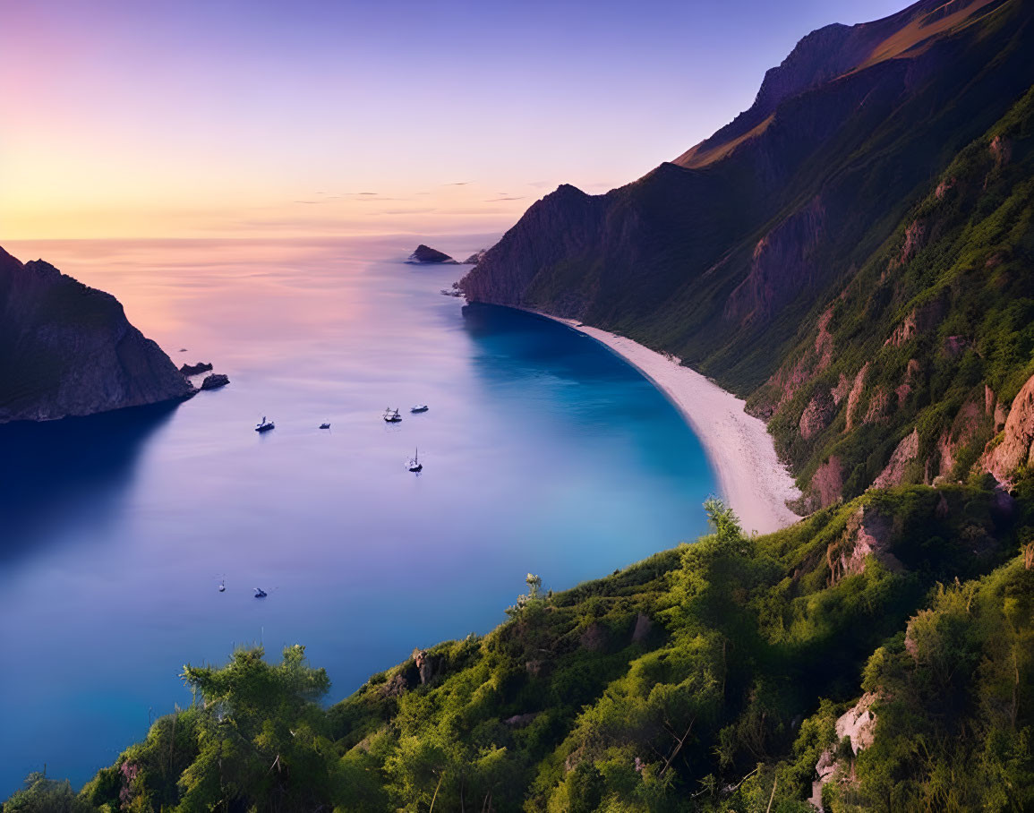 Tranquil dusk scene with crescent beach, boats, cliffs, and gradient sky