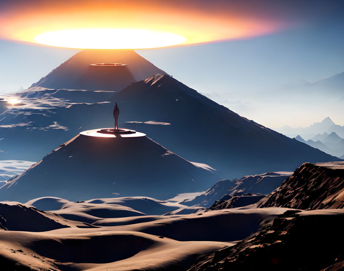 Snowy mountain peak scene with UFO emitting light beam at dusk or dawn